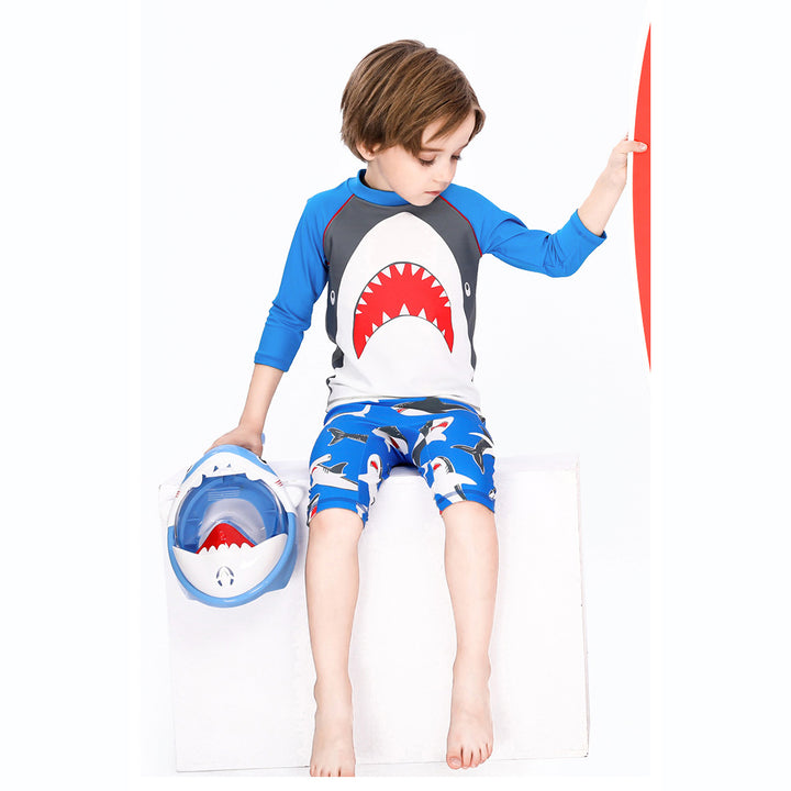 Baby Kids Boy's Big Mouth Shark Long Sleeves Two Piece Swimming Suit Top Shorts n Free Cap 908030 - quixoticmuses