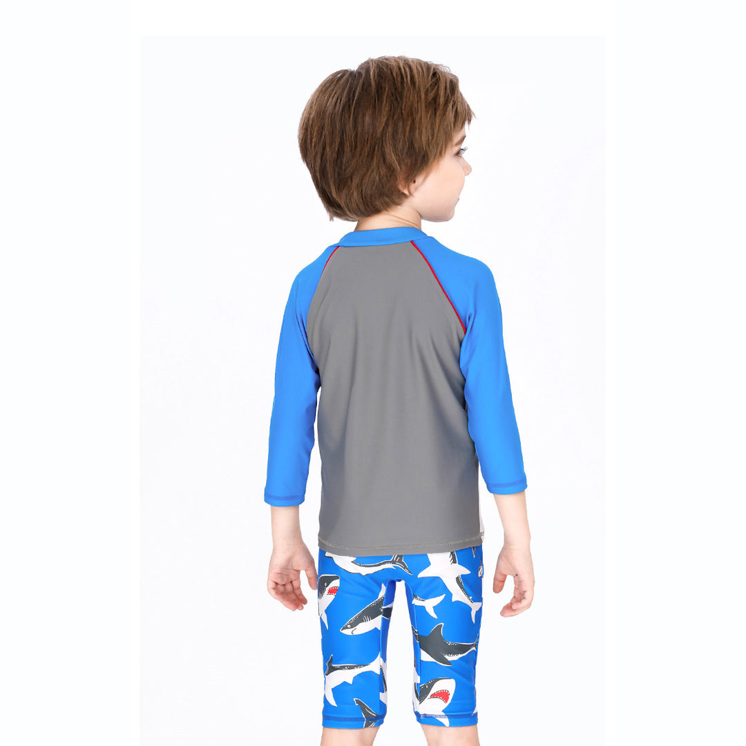 Baby Kids Boy's Big Mouth Shark Long Sleeves Two Piece Swimming Suit Top Shorts n Free Cap 908030 - quixoticmuses