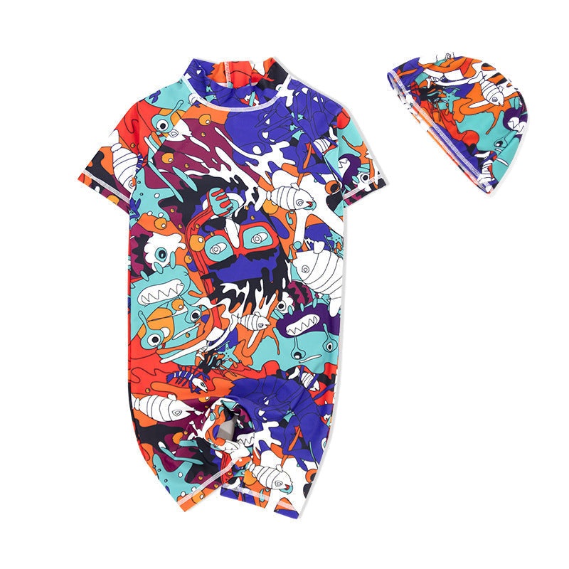 Baby Kids Boy Girl's Printed One Piece Swimming Suit n Free Cap 718156-09 Floral - quixoticmuses