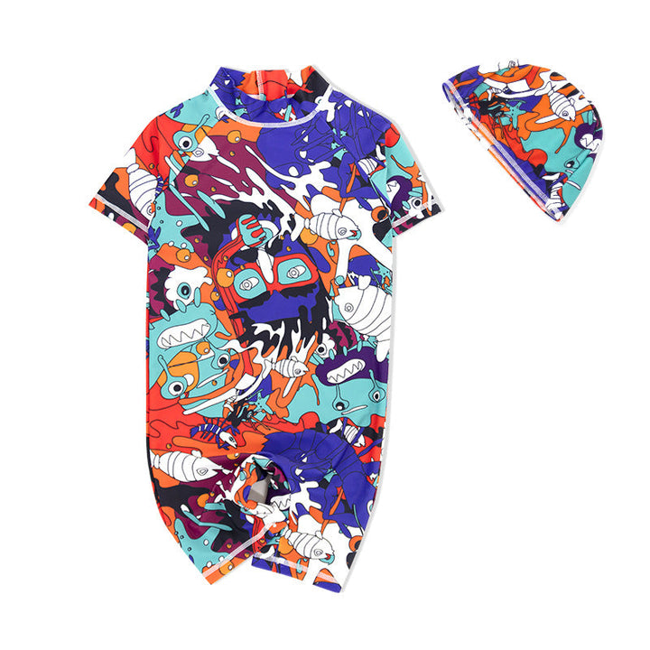 Baby Kids Boy Girl's Printed One Piece Swimming Suit n Free Cap 718156-06 Caricature - quixoticmuses