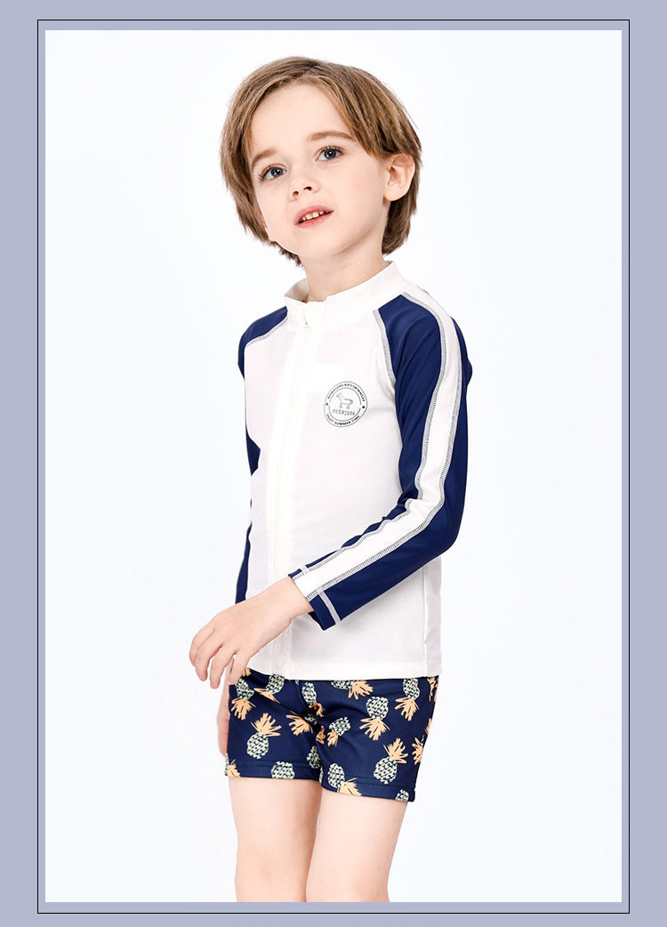 Baby Kids Boy's White & Dark Blue Stripes Long Sleeves Pineapple Prints Shorts Two Piece Swimming Suit Top Shorts n Free Cap 908037 - quixoticmuses