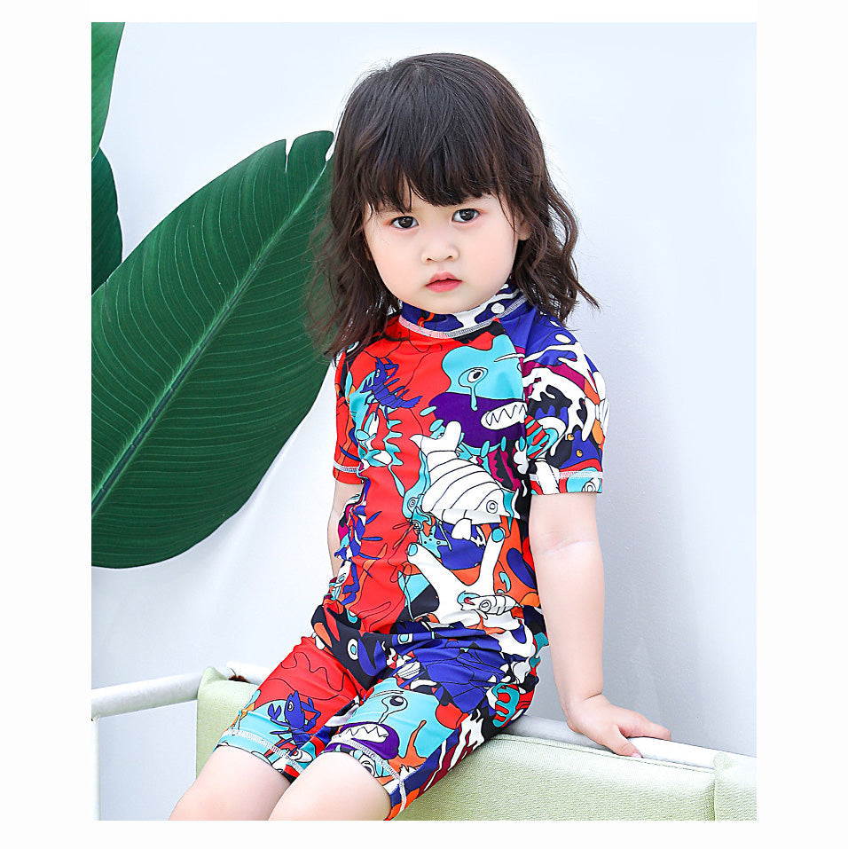 Baby Kids Boy Girl's Printed One Piece Swimming Suit n Free Cap 718156-09 Floral - quixoticmuses