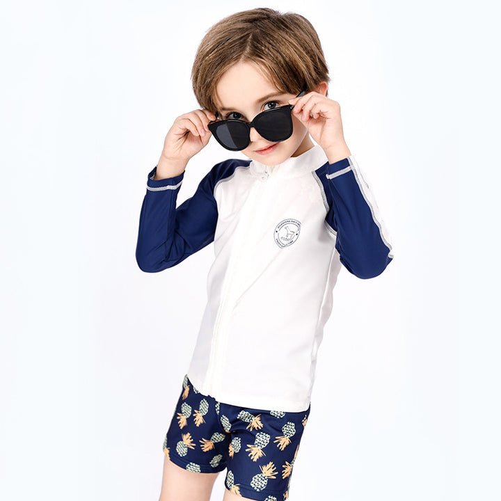 Baby Kids Boy's White & Dark Blue Stripes Long Sleeves Pineapple Prints Shorts Two Piece Swimming Suit Top Shorts n Free Cap 908037 - quixoticmuses