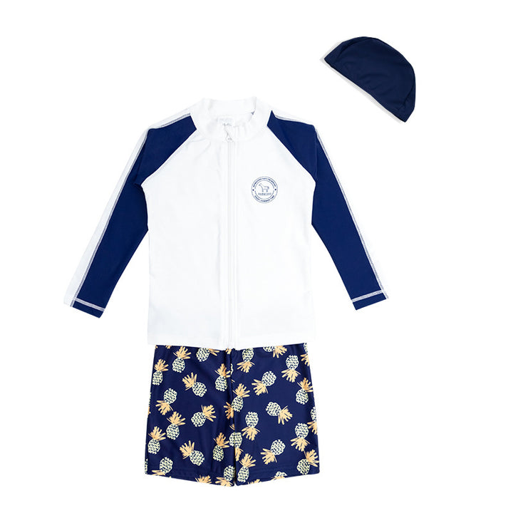 Baby Kids Boy's White & Dark Blue Stripes Long Sleeves Pineapple Prints Shorts Two Piece Swimming Suit Top Shorts n Free Cap 908037 - quixoticmuses