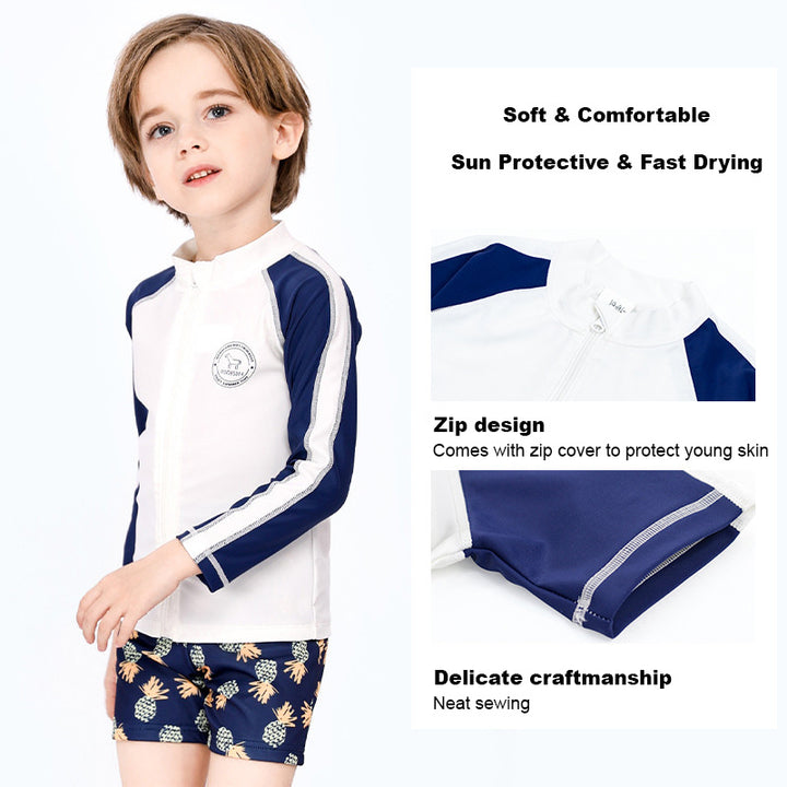 Baby Kids Boy's White & Dark Blue Stripes Long Sleeves Pineapple Prints Shorts Two Piece Swimming Suit Top Shorts n Free Cap 908037 - quixoticmuses