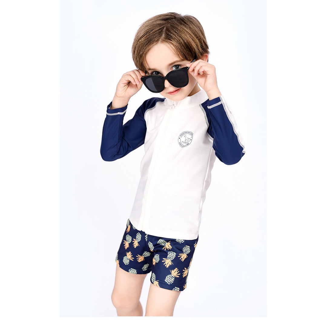 Baby Kids Boy's White & Dark Blue Stripes Long Sleeves Pineapple Prints Shorts Two Piece Swimming Suit Top Shorts n Free Cap 908037 - quixoticmuses