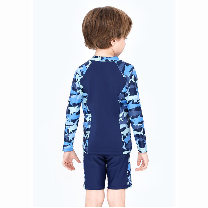 Baby Kids Boy's Camouflage Shark Prints Long Sleeves Two Piece Swimming Suit Top Shorts n Free Cap 908032 - quixoticmuses