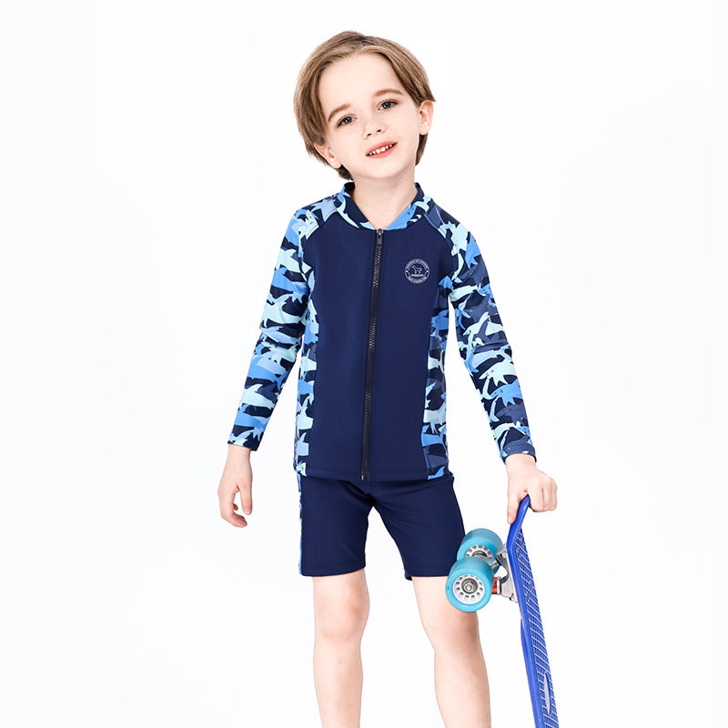 Baby Kids Boy's Camouflage Shark Prints Long Sleeves Two Piece Swimming Suit Top Shorts n Free Cap 908032 - quixoticmuses