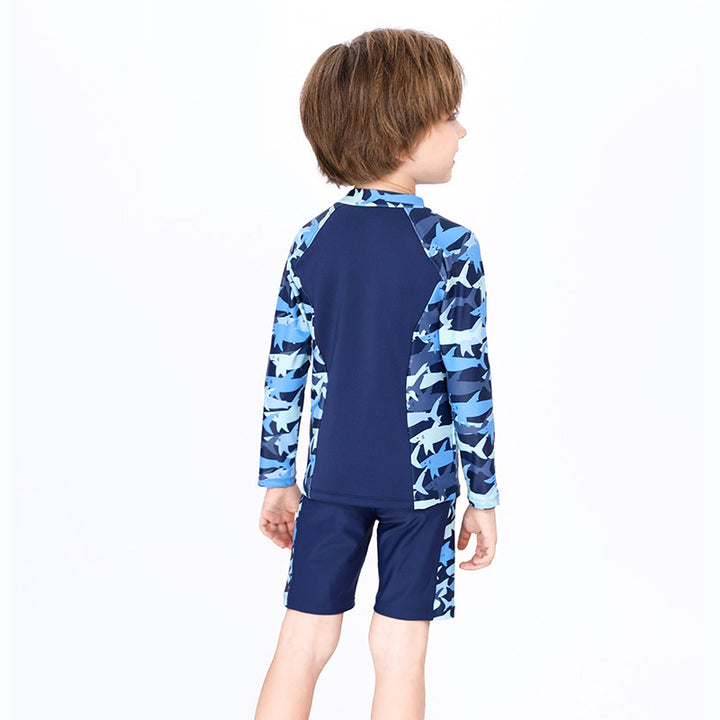 Baby Kids Boy's Camouflage Shark Prints Long Sleeves Two Piece Swimming Suit Top Shorts n Free Cap 908032 - quixoticmuses