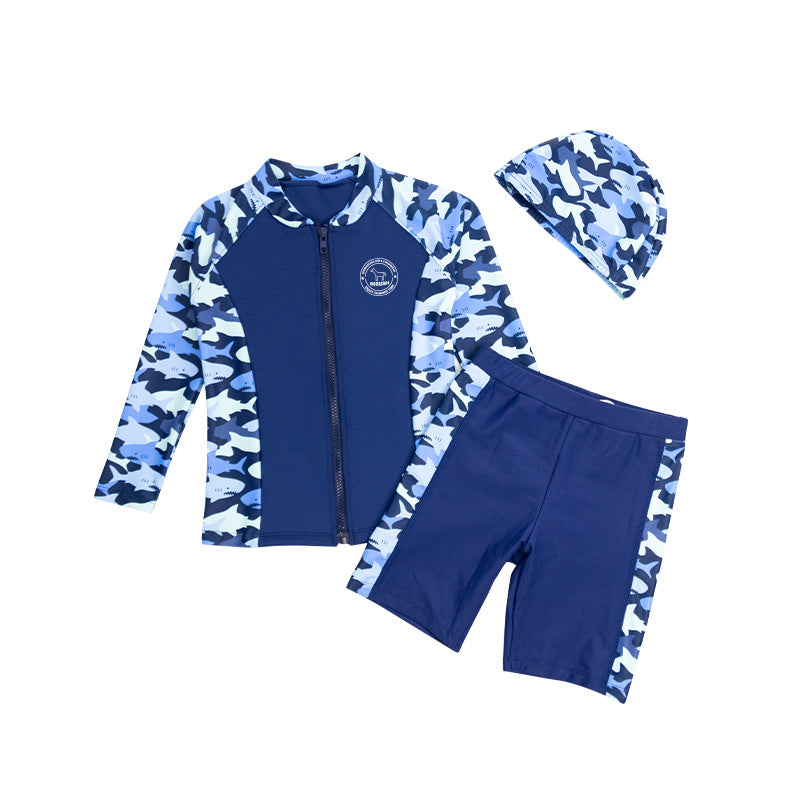 Baby Kids Boy's Camouflage Shark Prints Long Sleeves Two Piece Swimming Suit Top Shorts n Free Cap 908032 - quixoticmuses