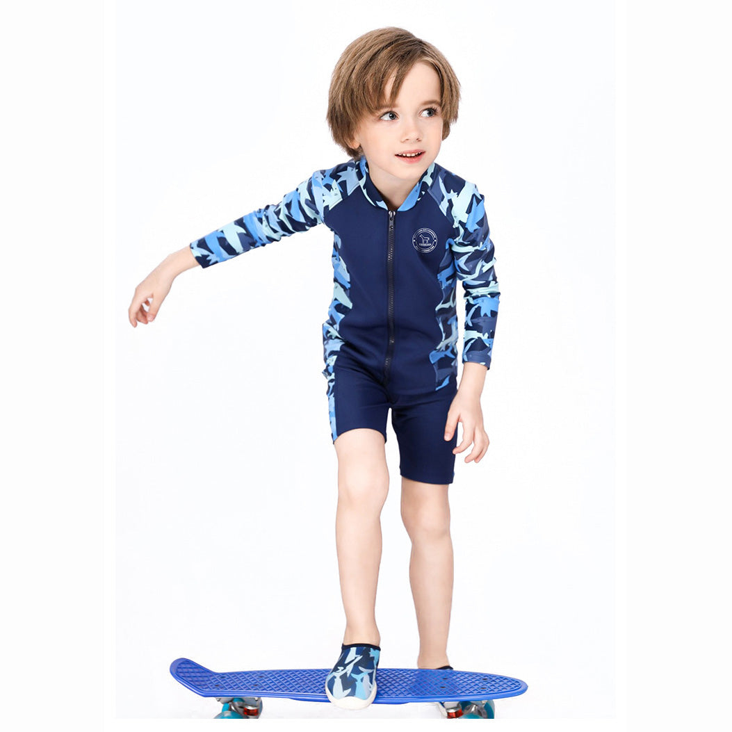 Baby Kids Boy's Camouflage Shark Prints Long Sleeves Two Piece Swimming Suit Top Shorts n Free Cap 908032 - quixoticmuses