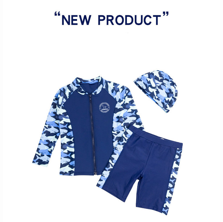 Baby Kids Boy's Camouflage Shark Prints Long Sleeves Two Piece Swimming Suit Top Shorts n Free Cap 908032 - quixoticmuses