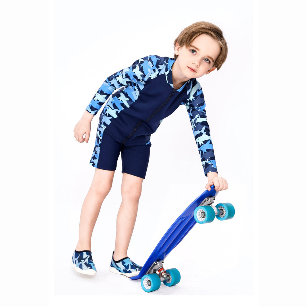 Baby Kids Boy's Camouflage Shark Prints Long Sleeves Two Piece Swimming Suit Top Shorts n Free Cap 908032 - quixoticmuses