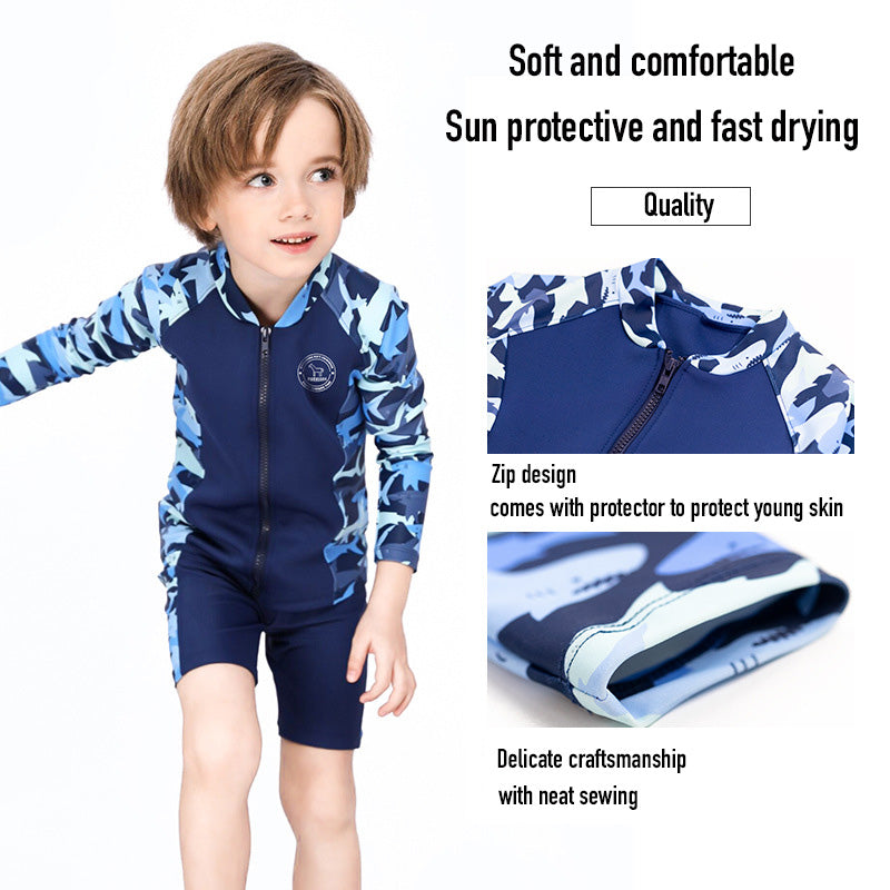 Baby Kids Boy's Camouflage Shark Prints Long Sleeves Two Piece Swimming Suit Top Shorts n Free Cap 908032 - quixoticmuses