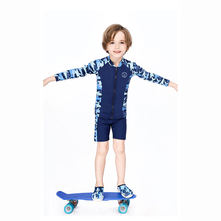 Baby Kids Boy's Camouflage Shark Prints Long Sleeves Two Piece Swimming Suit Top Shorts n Free Cap 908032 - quixoticmuses