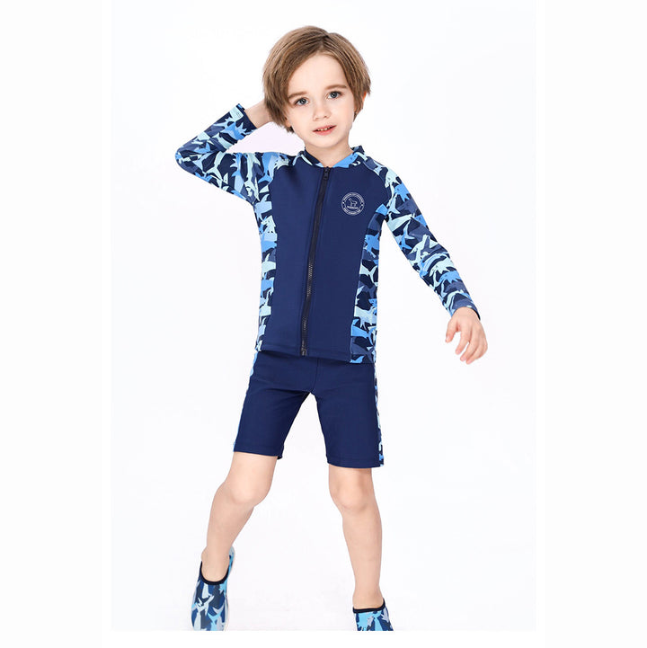 Baby Kids Boy's Camouflage Shark Prints Long Sleeves Two Piece Swimming Suit Top Shorts n Free Cap 908032 - quixoticmuses