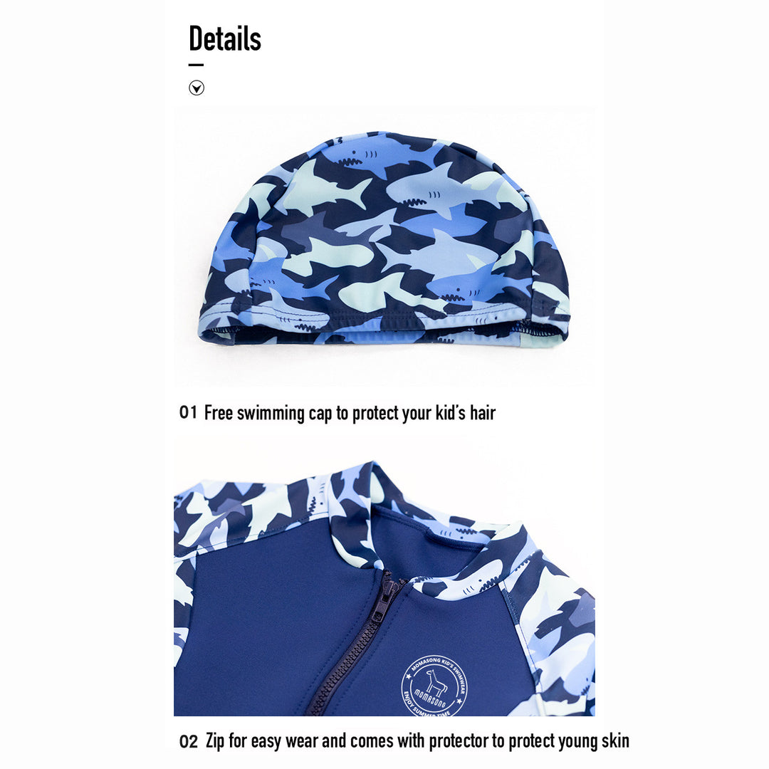 Baby Kids Boy's Camouflage Shark Prints Long Sleeves Two Piece Swimming Suit Top Shorts n Free Cap 908032 - quixoticmuses