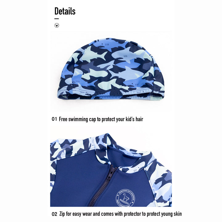 Baby Kids Boy's Camouflage Shark Prints Long Sleeves Two Piece Swimming Suit Top Shorts n Free Cap 908032 - quixoticmuses