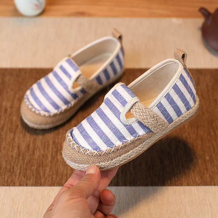 Baby Kids Boy Girl Unisex Textile Anti-slip Stripe Flats Shoes Magic Tape 2010 - quixoticmuses