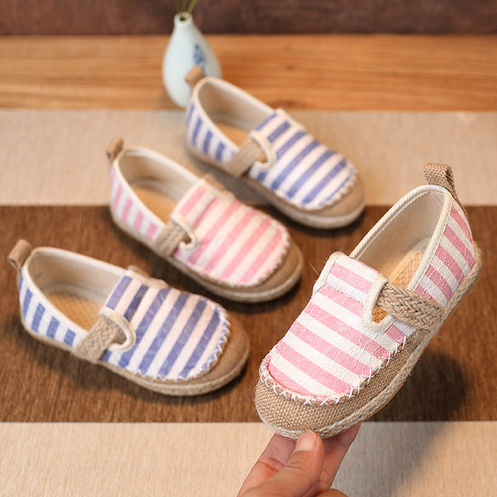 Baby Kids Boy Girl Unisex Textile Anti-slip Stripe Flats Shoes Magic Tape 2010 - quixoticmuses