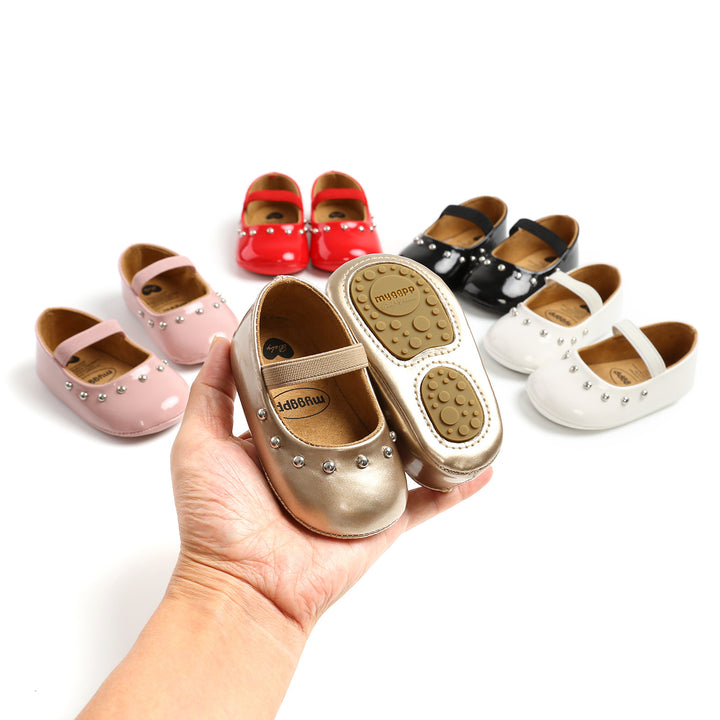 Baby Girl Patent PU Leather Magic Tape Rivets Shoes Anti-slip Flats - quixoticmuses