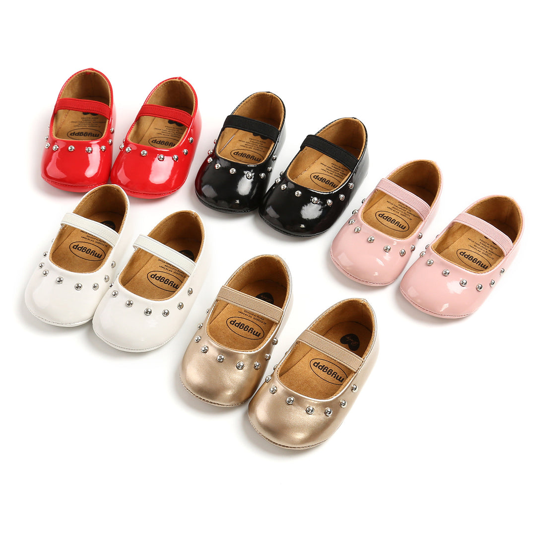 Baby Girl Patent PU Leather Magic Tape Rivets Shoes Anti-slip Flats - quixoticmuses