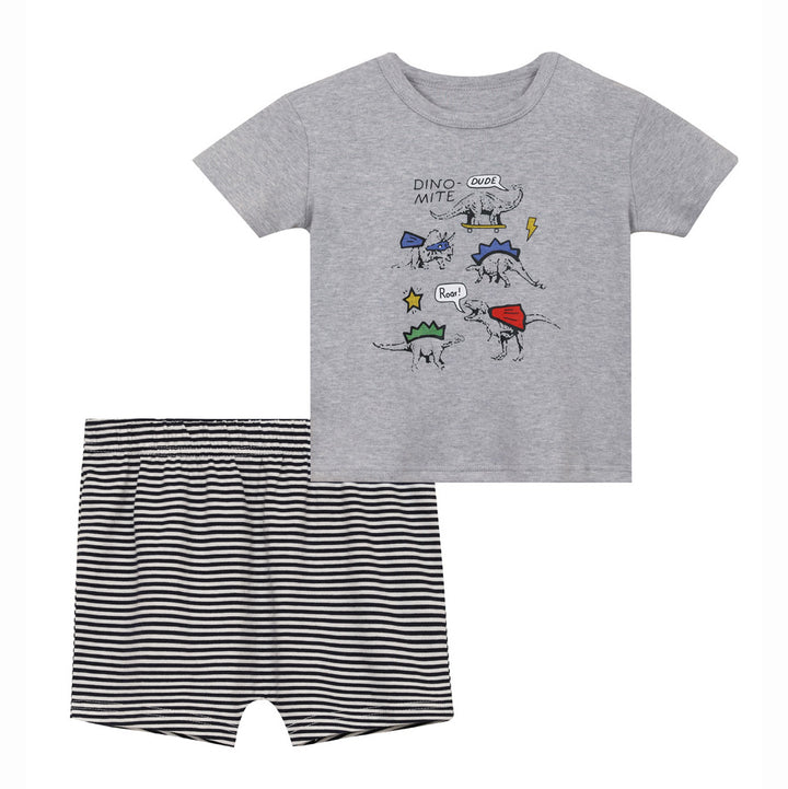 Baby Boy Dinosaur Grey Top n Stripe Shorts Set - quixoticmuses