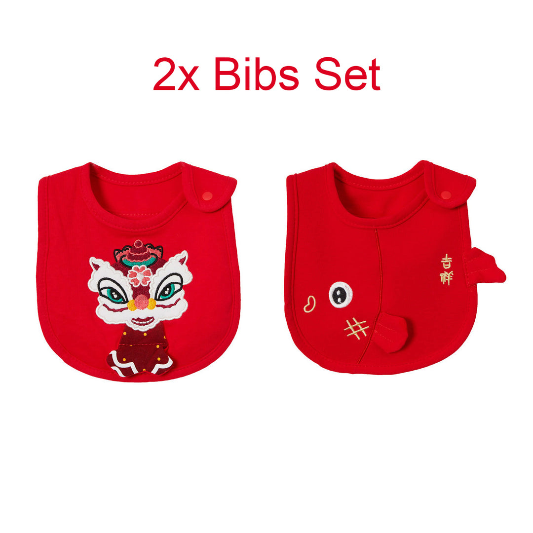 Chinese New Year Red Waterproof Bibs Dancing Lion Little Fish Designs Limited Edition For CNY Bibs - quixoticmuses