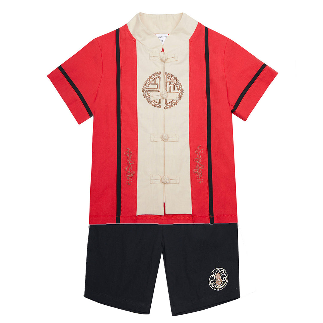 Baby Kids Boys Fake Two Piece Cheongsam Set Red Top n Black Shorts CNY Chinese New Year Outfit - quixoticmuses