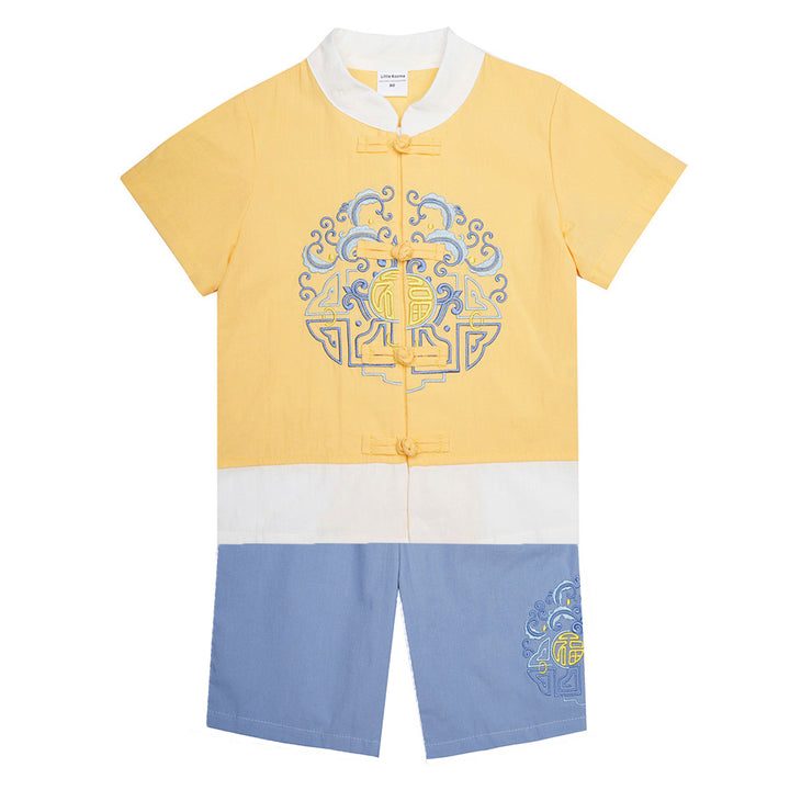 Baby Kids Boys Chinese Character Fu Cheongsam Set Yellow Top n Blue Shorts CNY Chinese New Year Outfit - quixoticmuses