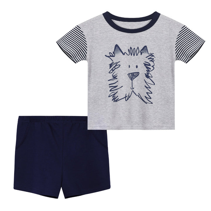 Baby Boy Lion Sketch Grey Top n Dark Blue Shorts Set - quixoticmuses