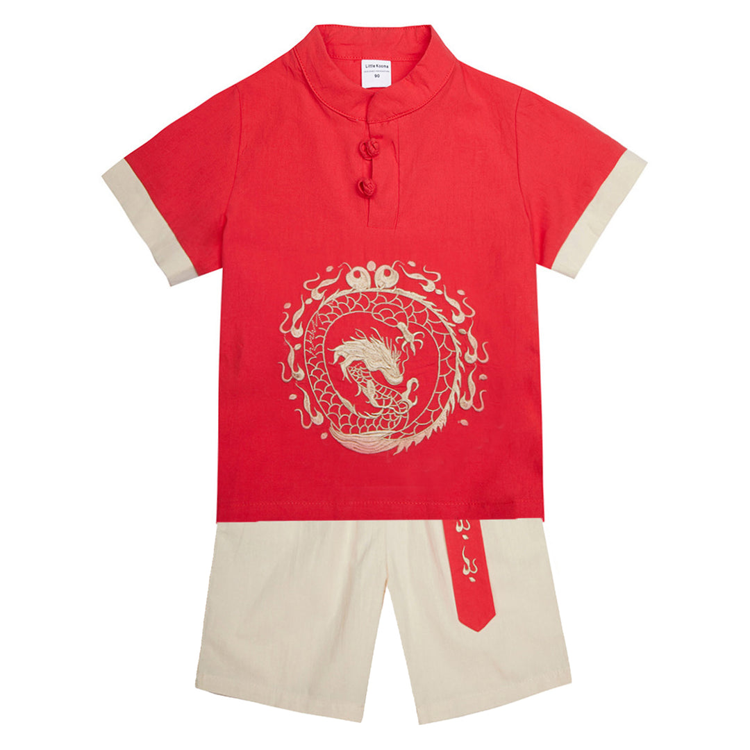 Baby Kids Boys Dragon Red Cheongsam Set Top n Shorts CNY Chinese New Year Outfit - quixoticmuses