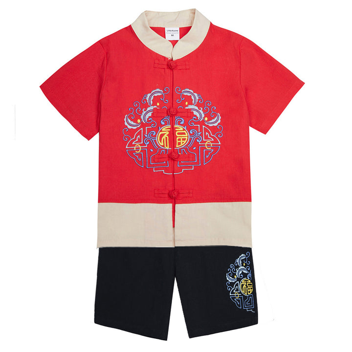 Baby Kids Boys Chinese Character Fu Cheongsam Set Red Top n Black Shorts CNY Chinese New Year Outfit - quixoticmuses