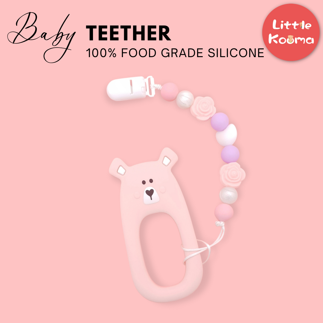 Baby Teether Set Pink Bear Silicone Teether Set By Little Cheeks - quixoticmuses