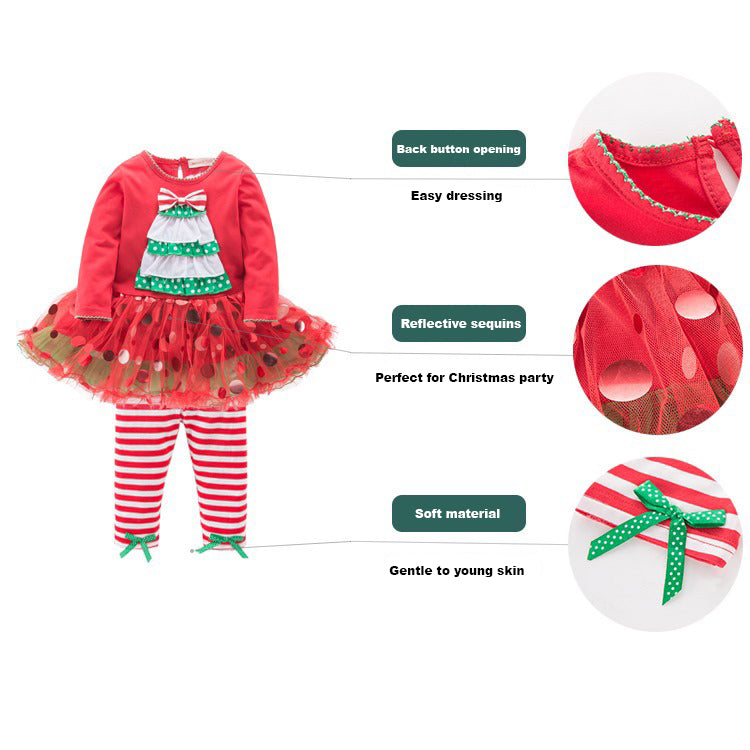 Girl's Christmas Outfit Long Sleeve Christmas Tree Voile Sequin Dress n Pants Two Piece Set - 1125 - quixoticmuses