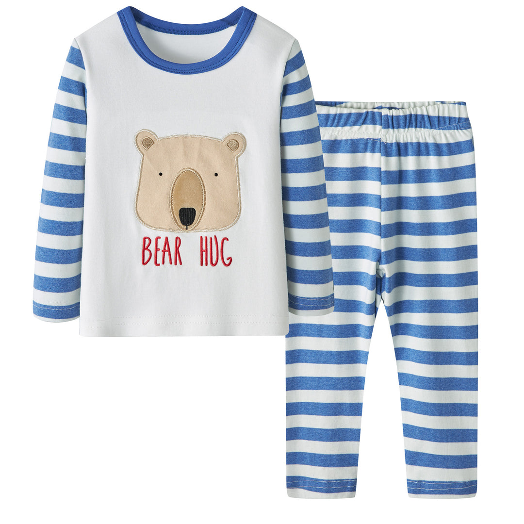 Baby Kids Pajamas Brown Bear White Top w Stripe Sleeves n Stripe Pants Set - quixoticmuses