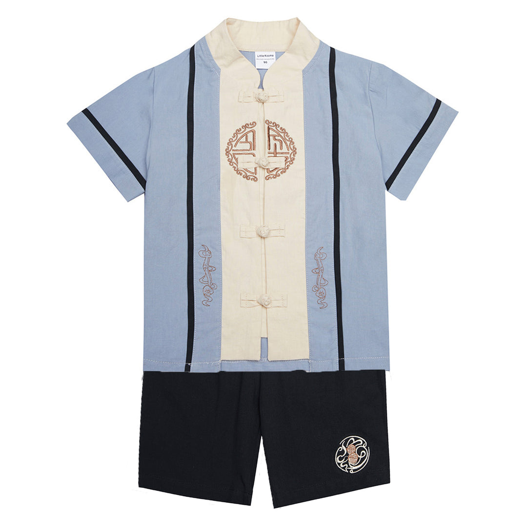 Baby Kids Boys Fake Two Piece Cheongsam Set Blue Top n Black Shorts CNY Chinese New Year Outfit - quixoticmuses