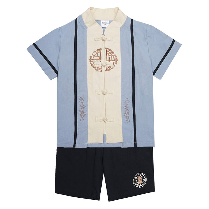 Baby Kids Boys Fake Two Piece Cheongsam Set Blue Top n Black Shorts CNY Chinese New Year Outfit - quixoticmuses