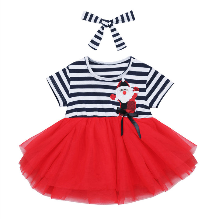 Baby Kids Christmas Outfit Stripe Santa Dress w Headband - quixoticmuses