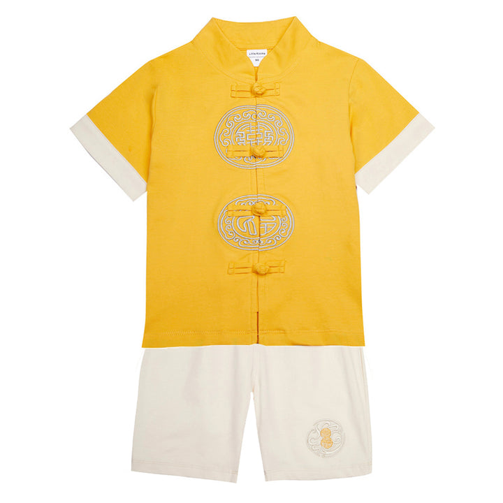 Baby Kids Boys Chinese Character Fu n Xi Yellow Cheongsam Set Top n Shorts CNY Chinese New Year Outfit - quixoticmuses