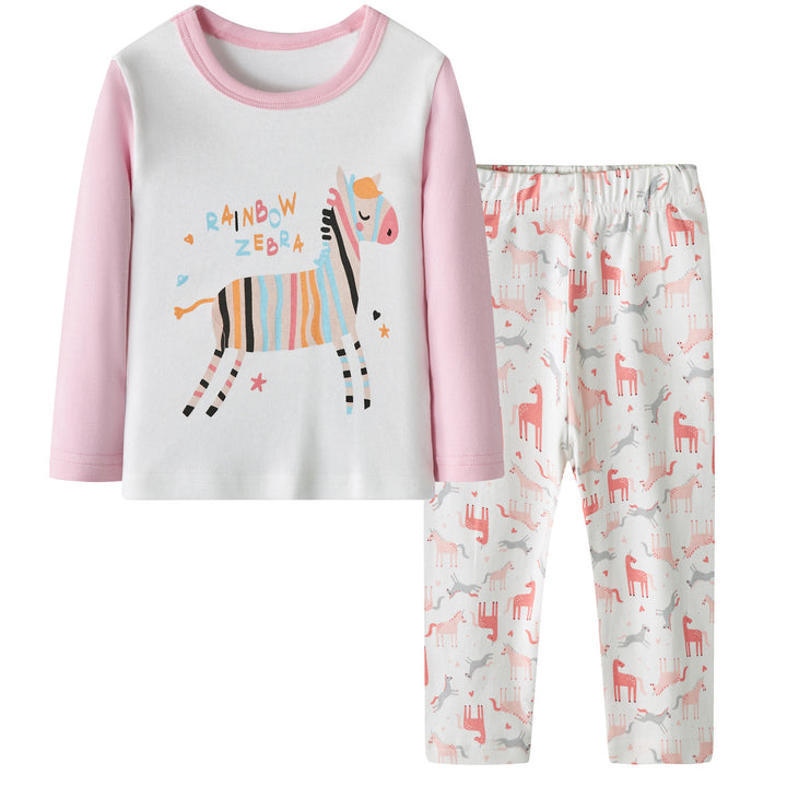 Baby Kids Pajamas Rainbow Zebra Printed Top w Pink Horse Prints Pants Set - quixoticmuses