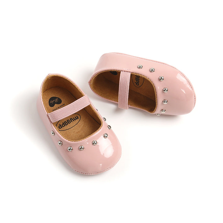 Baby Girl Patent PU Leather Magic Tape Rivets Shoes Anti-slip Flats - quixoticmuses