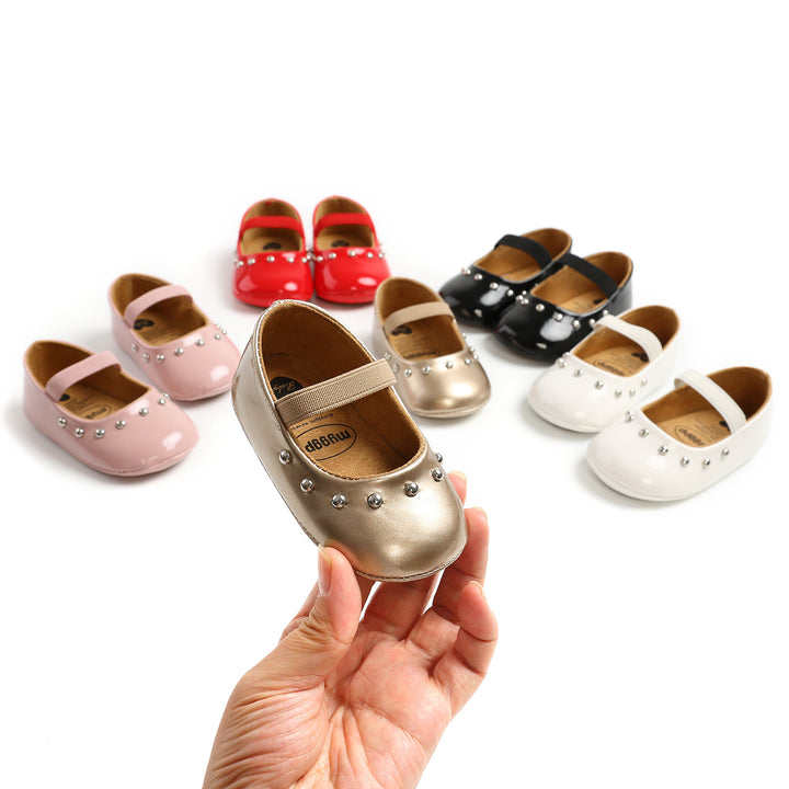 Baby Girl Patent PU Leather Magic Tape Rivets Shoes Anti-slip Flats - quixoticmuses