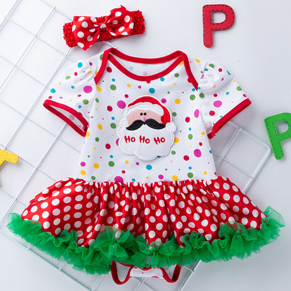 Baby Girl Christmas Outfit Santa Claus Colorful Dots Bodysuit Dress n Headwrap 2 Piece Set - 1124 - quixoticmuses