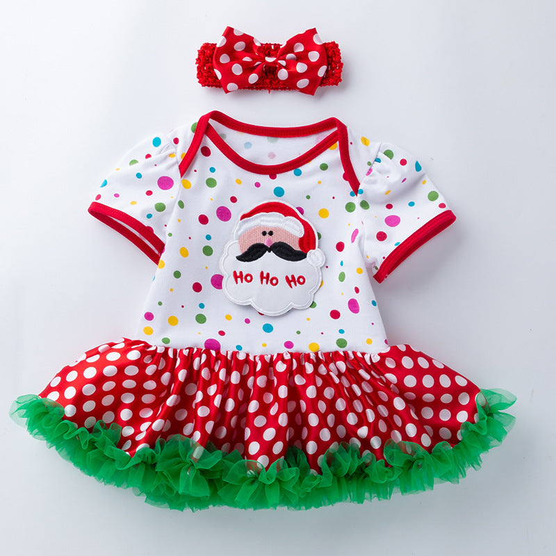 Baby Girl Christmas Outfit Santa Claus Colorful Dots Bodysuit Dress n Headwrap 2 Piece Set - 1124 - quixoticmuses