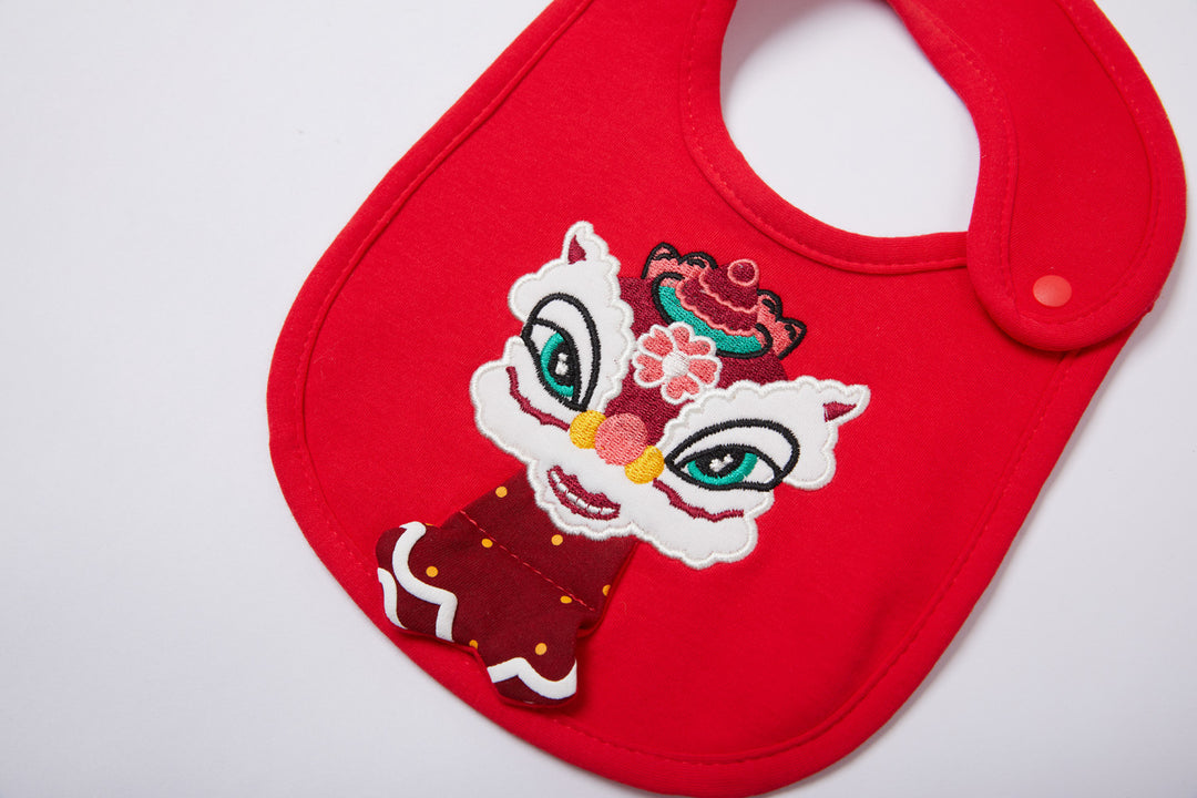 Chinese New Year Red Waterproof Bibs Dancing Lion Little Fish Designs Limited Edition For CNY Bibs - quixoticmuses