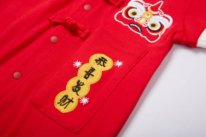 Baby Red Cheongsam Romper Gong Xi Fa Cai CNY Spring Couplets Pocket - quixoticmuses