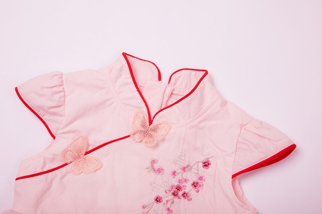 Baby Kids Girl Pink 3D Butterflies Cheongsam Dress w Embroidered Plum Flowers n Pink Shining Voile Dress - quixoticmuses