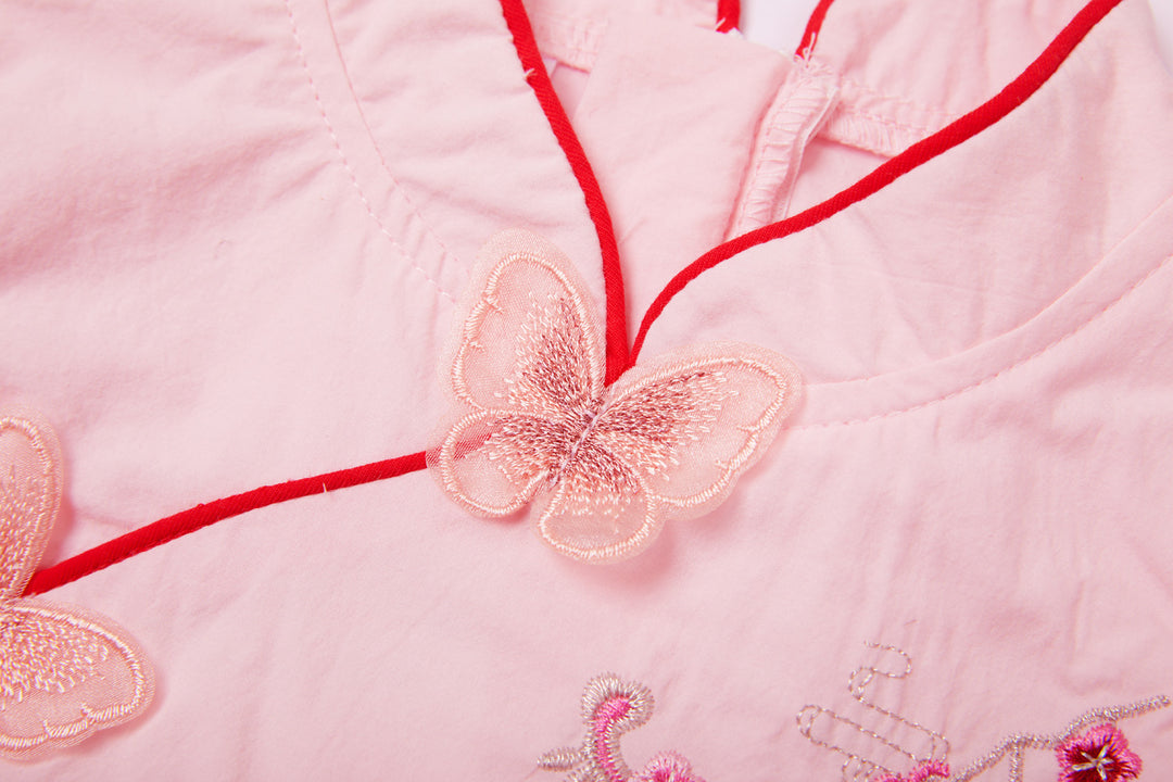 Baby Kids Girl Pink 3D Butterflies Cheongsam Dress w Embroidered Plum Flowers n Pink Shining Voile Dress - quixoticmuses