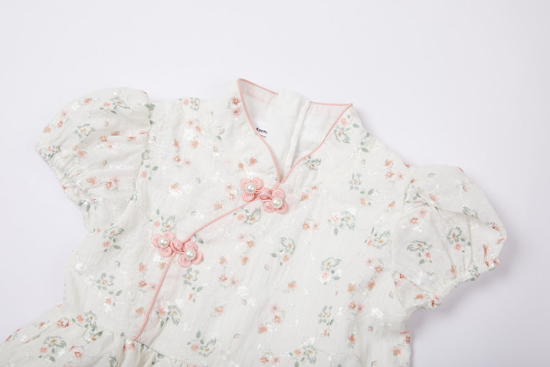 Baby Kids Girl Ivory Floral Cheongsam Dress w Embroidered Branches Green Leaves n Pink Flowers Prints - quixoticmuses